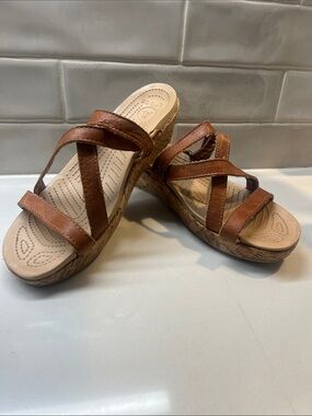 CROCS Brown A-Leigh Cork Wedge Slide Sandals with Cross Straps Size 9